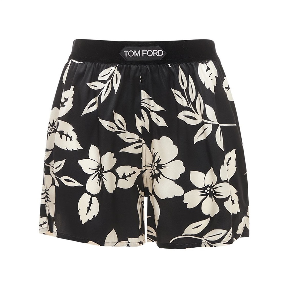Velvet-trimmed Floral-print Silk-blend Satin Shorts In Black,white